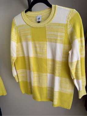 CAbi Checkerboard Pullover Yellow & Cream Check Pattern Crewneck Sweater